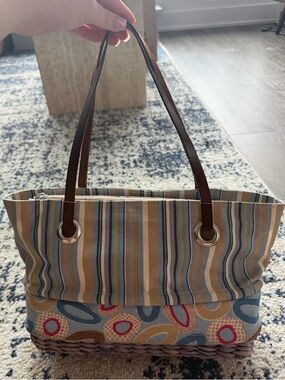 Italian Y2K Striped Canvas Bag with leather  Handles
